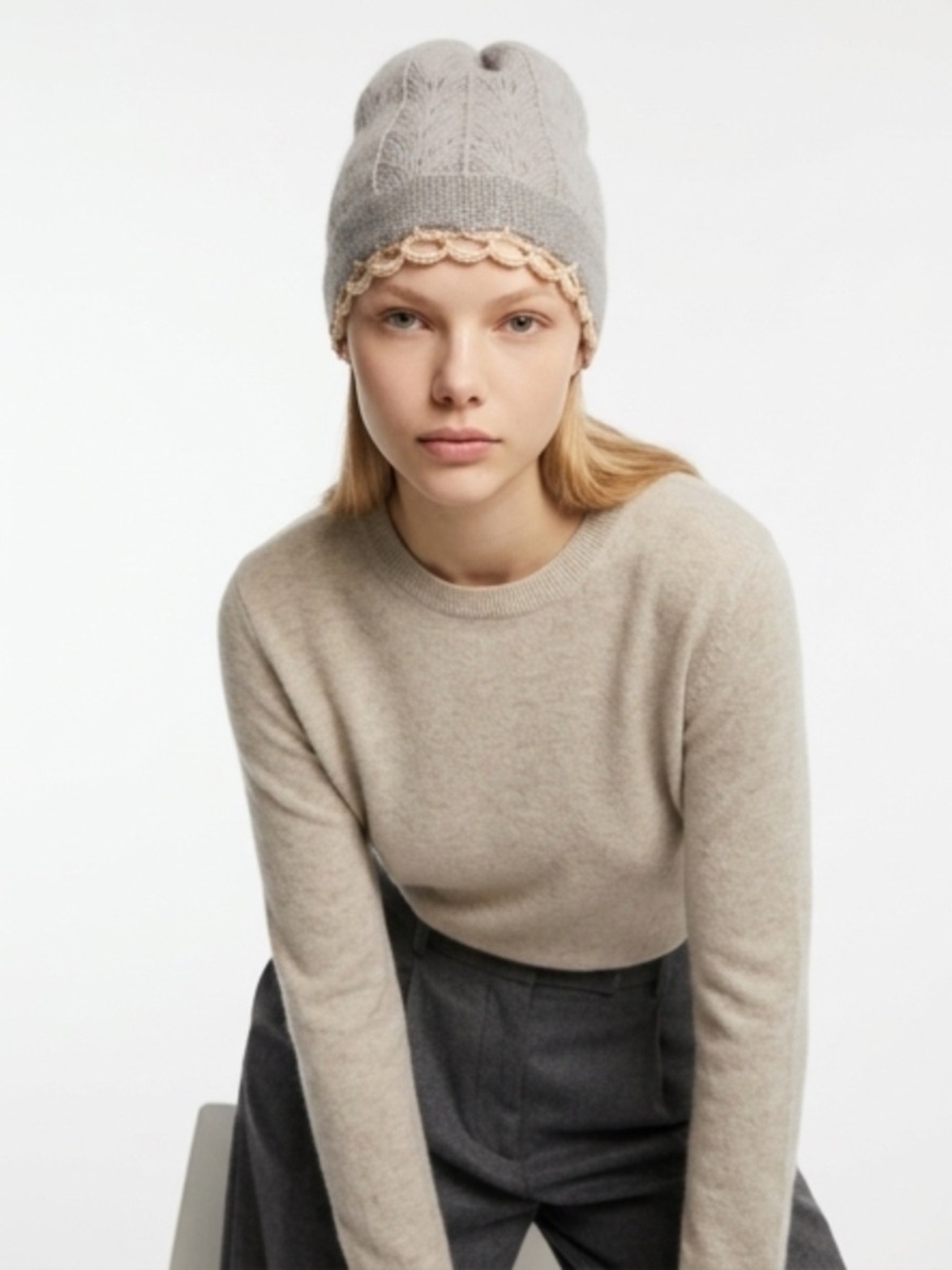Micco New York NWT Crochet Knit Beanie, beaded trim, taupe grey/white